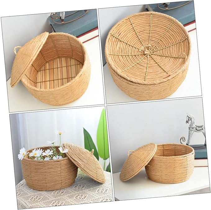 KOMBIUDA Handwoven Woven Storage Basket with Lid Small Decorative Rattan Container for Organizing Toys Pantry and Home Supplies Versatile Table Storage Solution