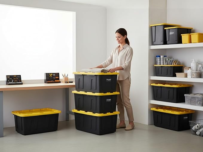 Heavy-Duty Storage Tote with Lid Black and Yellow 27 Gallon 30.6 W x 20.6 D x 14.3 H (8 PACK)