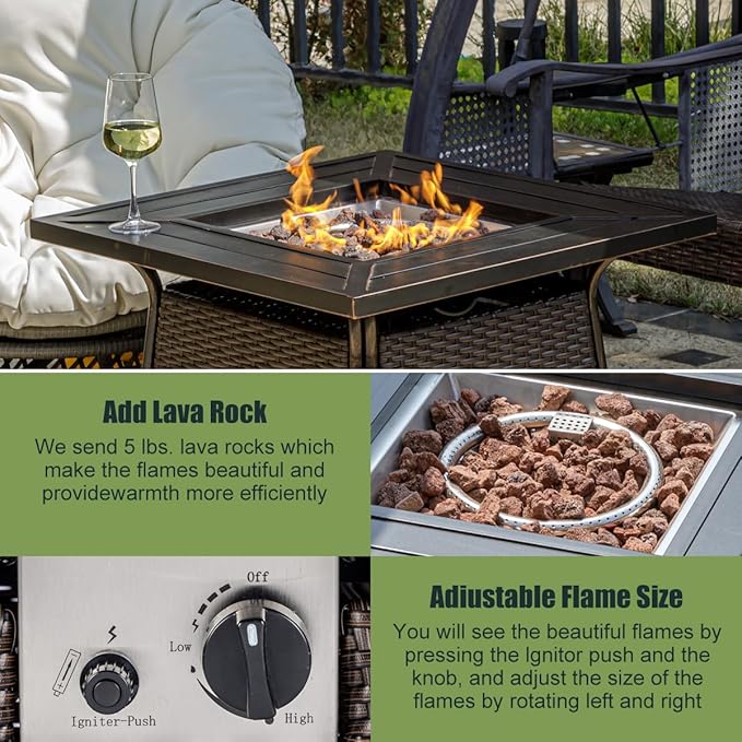 OutVue 28 inch Wicker Propane Fire Pit TableGas Fire Pits Table for Outside50000 BTU Propane Firepit with Lid &ampLava RocksGas Firepit for GardenYard (Brown Rattan)