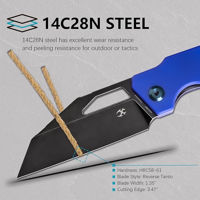 KANSEPT Egress Pocket Knives 8.24in Folding Knife with Black Stonewashed 14C28N Blade Blue G10 Handle Pocket Tactical Knife for Men Women Envelope Opener with Thumb hole T1033A2