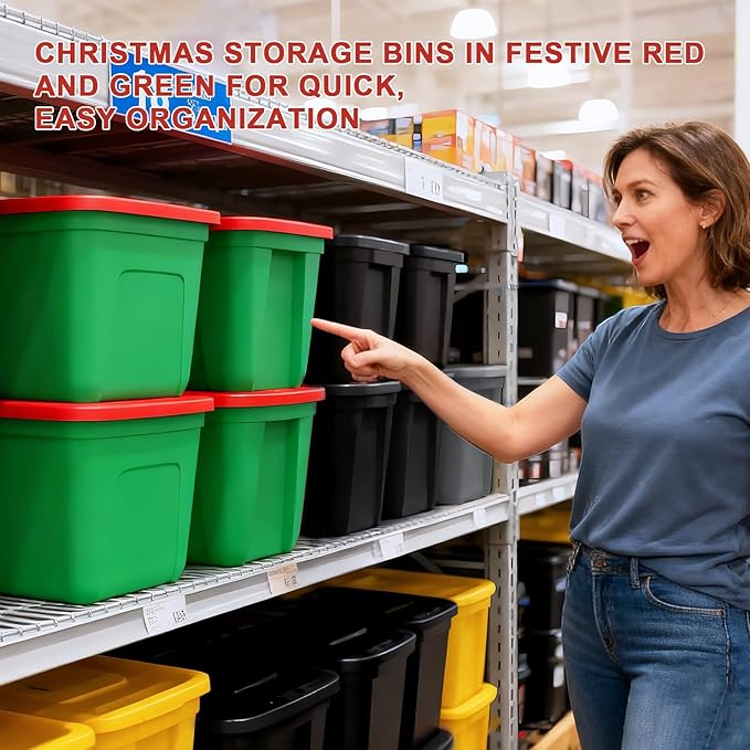 4-Pack Christmas Storage Totes with Lids - Made in USA 18-Gallon(72-Quart)Red Storage BinsHoliday OrganizerPlastic Stackable Large Storage Boxes for HomeOfficeGarageBasement Red/Green