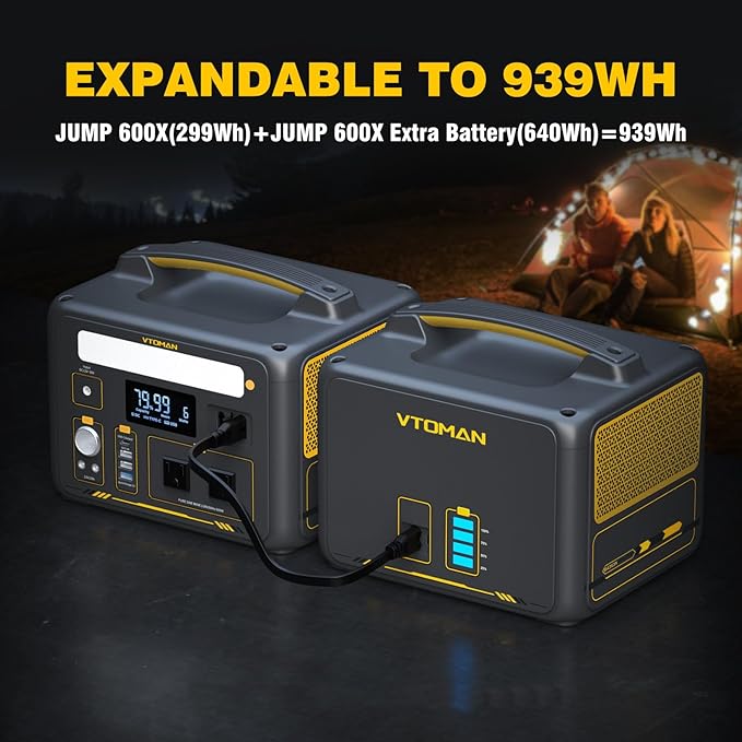 VTOMAN Jump600X 600W Portable Power Station with 640Wh Extra Battery 939Wh Solar Generator LiFePO4 Battery Peak 1200W AC Outlet PD 60W USB-C 3x12V/10A DC for Outdoor Camping Off-grid Home Backup