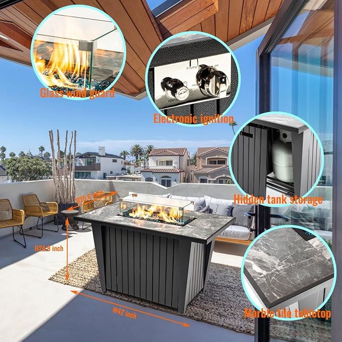42'' Propane Fire Pit Table Marble Tile Ceramic Tabletop with Glass Wind Guard 50000 BTU Fire Table Inclined Leg and Art Powder Design Blue Glass Rocks Including Lid&ampCover