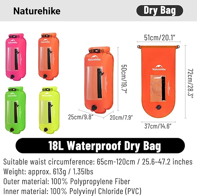 Naturehike Dry Bag for Open Water 18L/25L Waterproof Dry Bag with Adjustable Waist Belt Roll Top Backpack Swim Bubble for Safty Swimming Training Snorkeling Kayaking Boating
