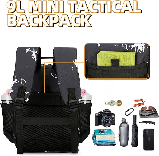 9L Mini Tactical Backpack for Men and Women Tactical Backpack Small for Hiking Small Tactical Bag (Black Lightning)