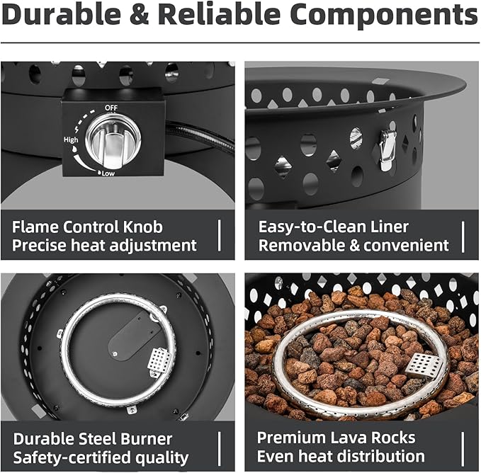 Breezz 20 Inch Propane Fire Pit with Grill 60000 BTU Smokeless Gas Firepit for Outside Patiowith Foldable Cooking Grate &amp 7 lbs Lava Rocks Adjustable Flame Outdoor Camping BBQ