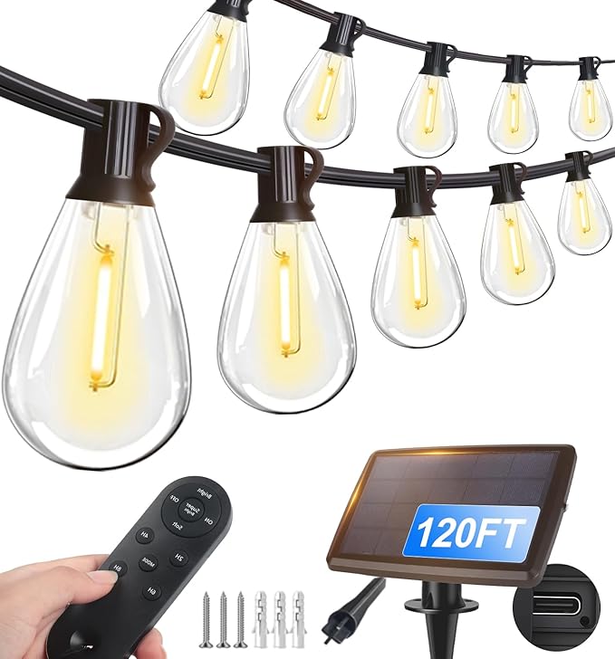 Tenmiro 120FT Solar Outdoor String Lights with Remote and 32+2 LED Shatterproof Bulbs Dimmable &amp Timing 3 Light Modes Solar Patio String Lights for Cafe Garden Deck Outside Wedding Last for 10+
