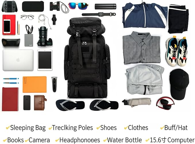 80L Camping Hiking BackpackMolle Military Tactical Rucksack BackpackWaterproof Lightweight Hiking Backpack for Outdoor (Black 80L)
