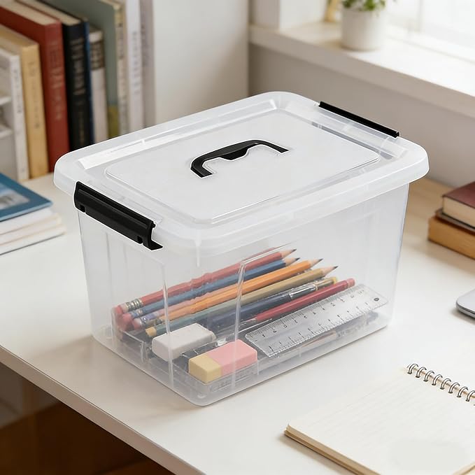 Plastic Storage Bins with Lids 6 Pack Storage Organizer 10 L Stackable Storage Bins with Buckle-Up Latches and Handle Storage Totes for Home Office Pantry Organization Clear