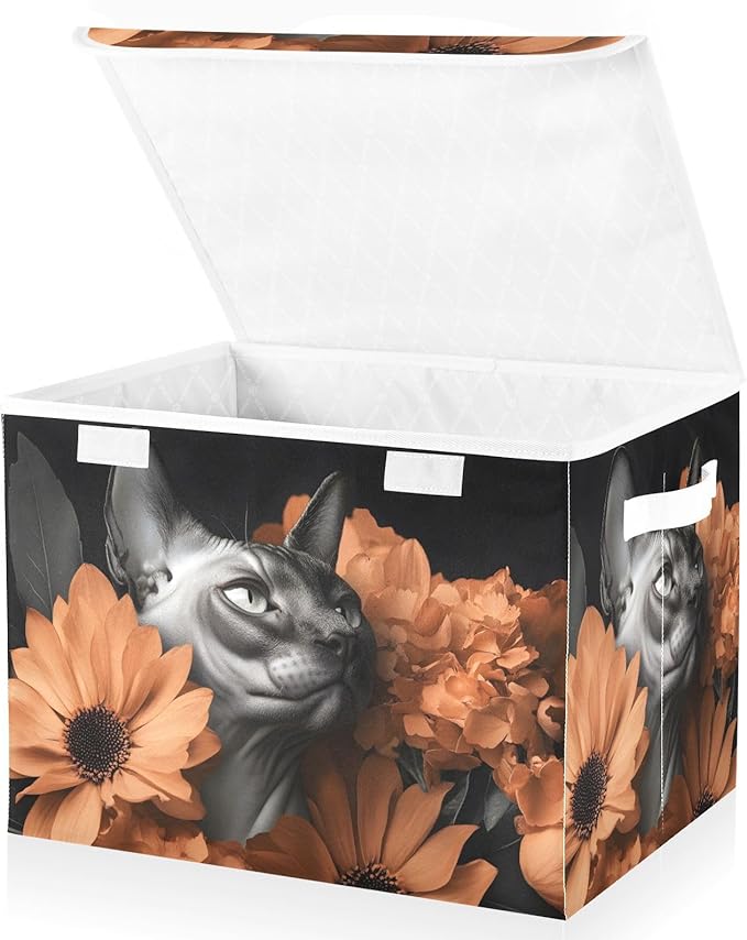 AIXIWAWA Lidded Storage Cube (Sphynx Cat Floral) Fabric Foldable Closet Bins with Flip Lid and Handles Organizer Basket Container 16.5 x 12.6 x 11.8 IN