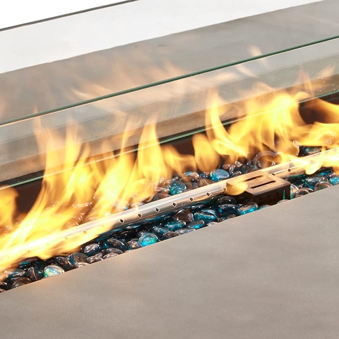 COSIEST Outdoor Propane Fire Pit Table 56-inch x 28-inch Rectangle Gray Concrete-Like Finish Certified 50000 BTU Stainless Steel Burner w Blue Fire Glass Wind Guard Raincover