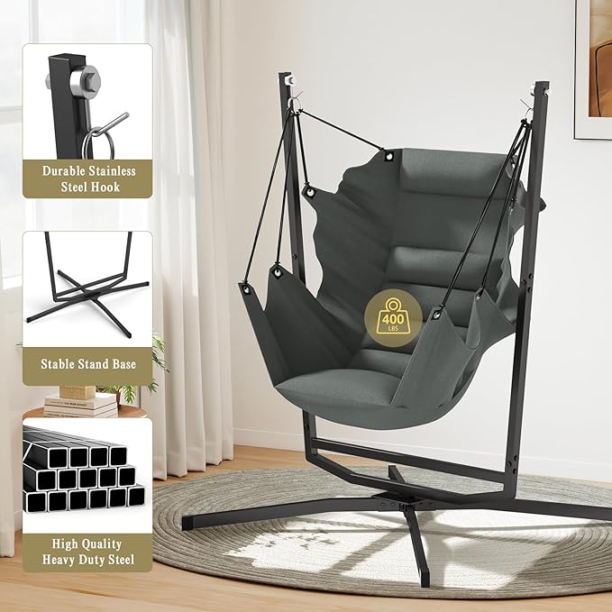 360° Swivel Hammock Swing Chair with Stand - Comfortable Hanging Chair with Cushions (400 lbs Capacity) for Indoor/Outdoor Use - Perfect for Bedroom Patio Porch Deck Garden Balcony