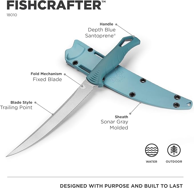 Benchmade - Fishcrafter Outdoor Water Fishing Knife with Depth Blue Santoprene Handle and 7 Trailing Point Blade (18010)