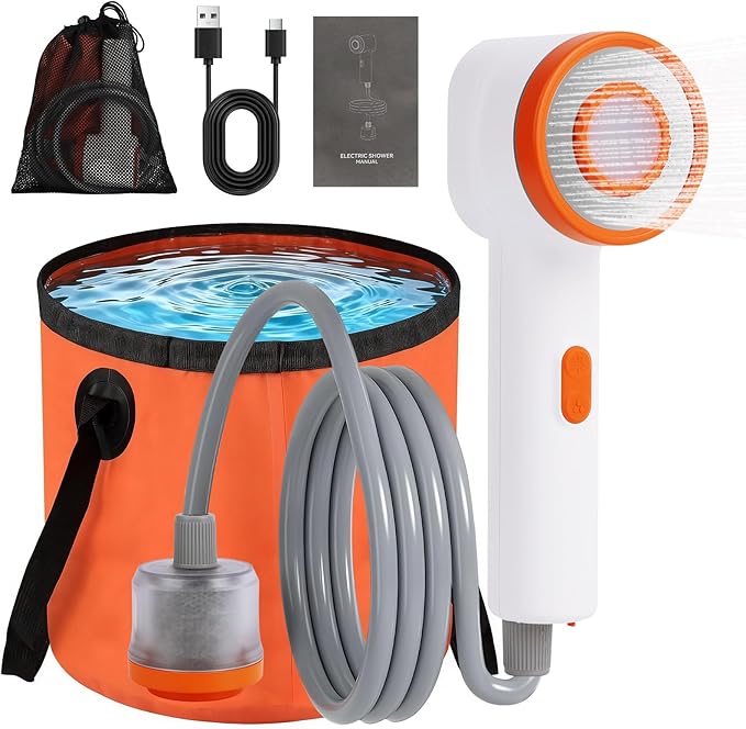 Portable Shower for Camping 2500mAh Rechargeable Camp Shower Pump with Foldable Bucket and Light Filtered Shower Head Outdoor Shower Kit for Travel Pet Bath Car Washing Wartering Plants