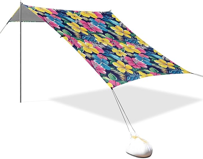 ALAZA Tropical Flowers Leaves Hawaiian Beach Tent Sun Shelter UPF50+ Protection Beach Shade Canopy w/ 4 Sandbags for Outdoor Camping Fishing Backyard Fun Picnic 10x9 ft