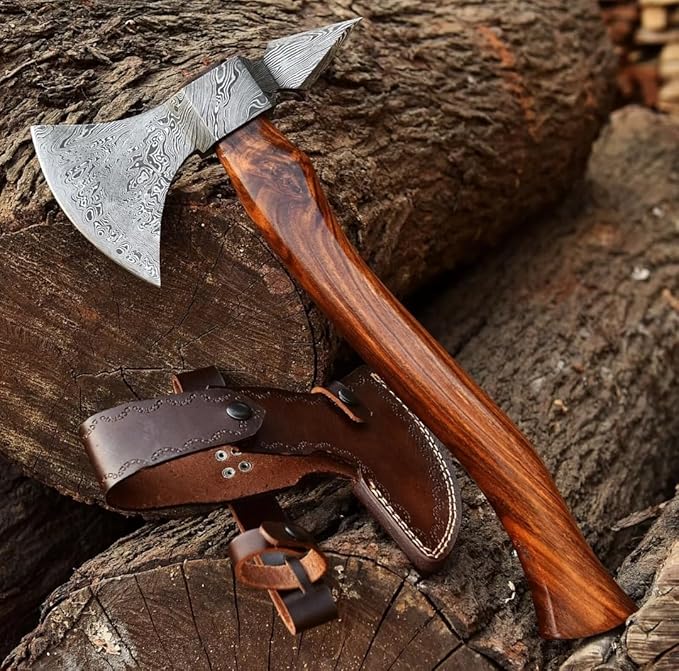 Custom Hand Forged Damascus Steel 16 Inch Long Bearded Axe Camping Axe Rose Wood Handle Viking Hatchet with Leather Sheath Best for Hunting Wood Cutting Gift for Him