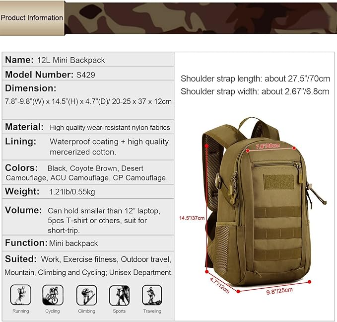 UNISTRENGH 12L Mini Daypack Military MOLLE Tactical Backpack Rucksack Gear Assault Pack for Cycling Fishing (Black#BL)