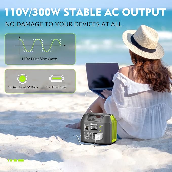 EnginStar Solar Generator 300W Portable Power Station 296Wh Lithium Battery Backup w/Two 110V Pure Sine Wave AC Outlet for Camping Road Trip RV 80000mAh Sufficient Power Supply for Blackout