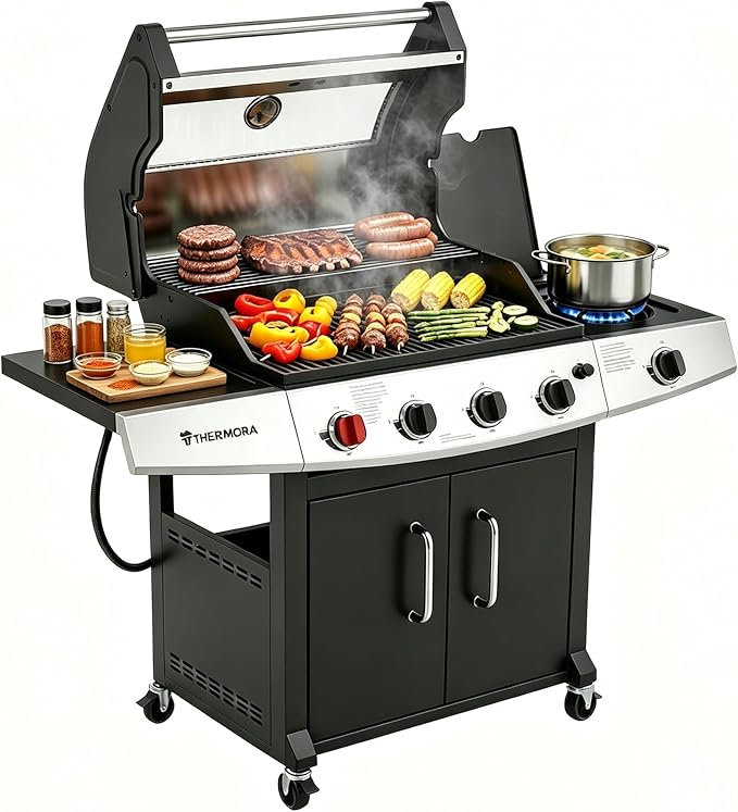 5 Burners Propane Gas Outdoor Grill 62000 BTU Side Burner 645 Sq.in Porcelain-Enameled Grates Stainless Steel Propane Grill Outdoor Cooking Patio Garden Family Barbecues Party