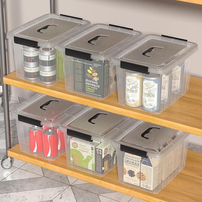 12 Quart Plastic Storage Boxes Clear Latch Storage Bins 6-Pack