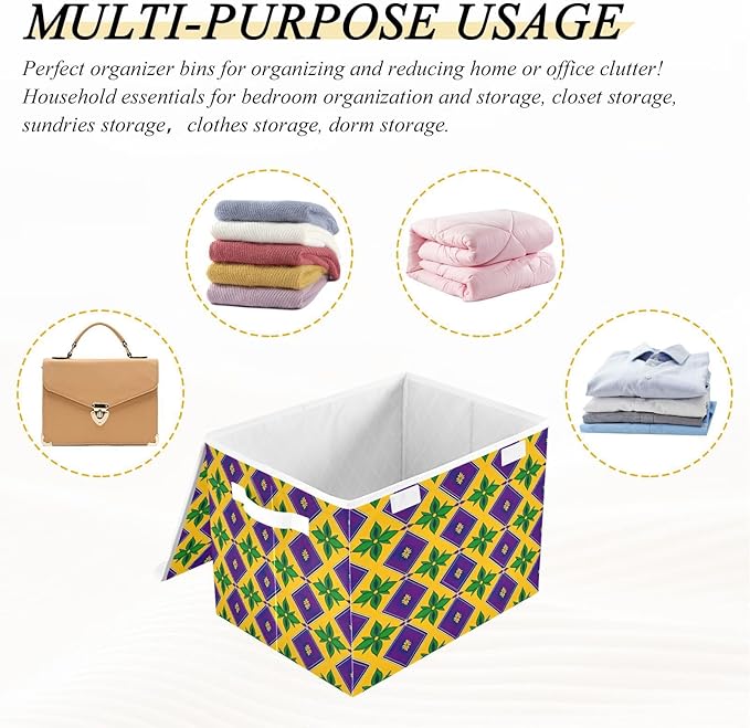 Storage Baskets with Lids Collapsible Bins Stackable Fabric Linen Baskets Closet Organizer Container Mardi Gras 16.5x12.6x11.8