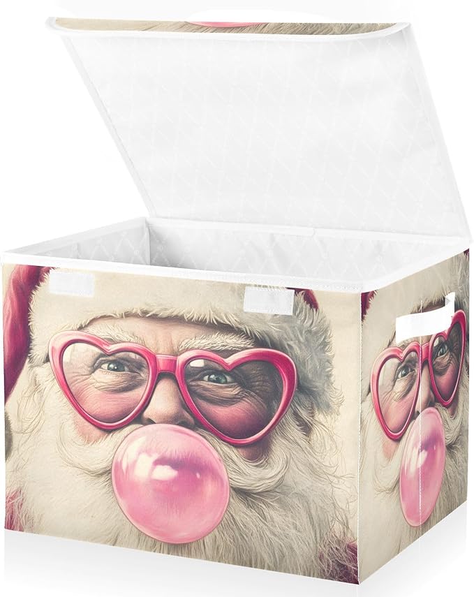 Storage Cube with Lid Funny Santa Print 16.5×12.6×11.8 IN Collapsible Large Capacity Foldable Storage Basket Bin Organizer