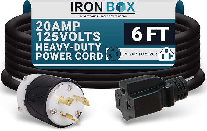 IronBox Electric NEMA L5-20P to 5-20R Power Cord Plug Adapter - 20A 125V12 AWG - UL Listed Heavy Duty Adapter Cable for Generator Data Centers Computers Outdoor Events &amp More (Custom Built 6