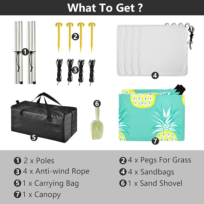 Beach Canopy with Windproof Ropes &amp Sandbags Beach Tent Sun Shade Sun Shelter for Camping Trips Fishing Backyard Fun or Picnics Pineapples