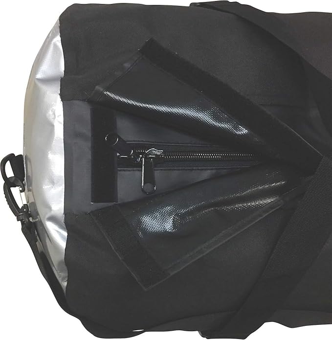 Oversize 70L Waterproof Dry Duffel Offshore Gear Motor Cycle Tail Bag Hi-Vis 25 Gauge Vinyl Silver Welded Side Panels -Black
