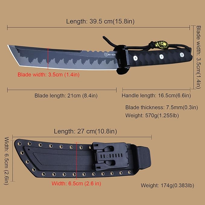BA-KOR 15.8in Full Tang Japanese Style Outdoor Knife –8mm DC53 Steel Nylon Fiber Handle &ampSheath Hunting Survival Knife+(5.9in) cerium igniter (Black handle and black blade (8mm))