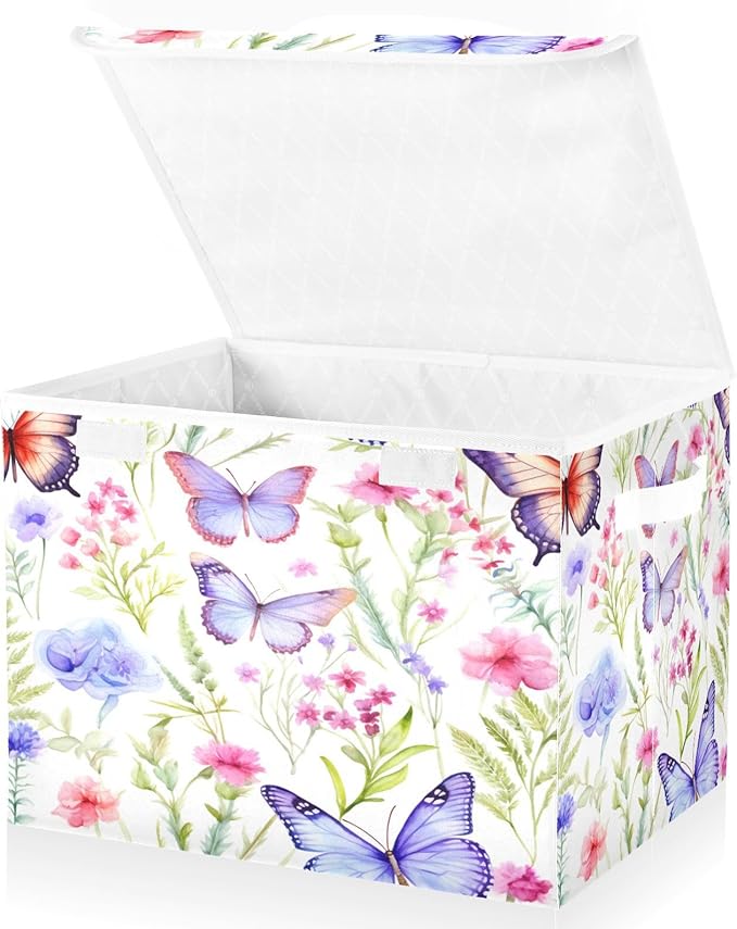 senya Baskets Collapsible Storage Bins with Lids Butterfly Pattern Spring Flowers Storage Boxes Clothes Baskets for Organizing B06D22020