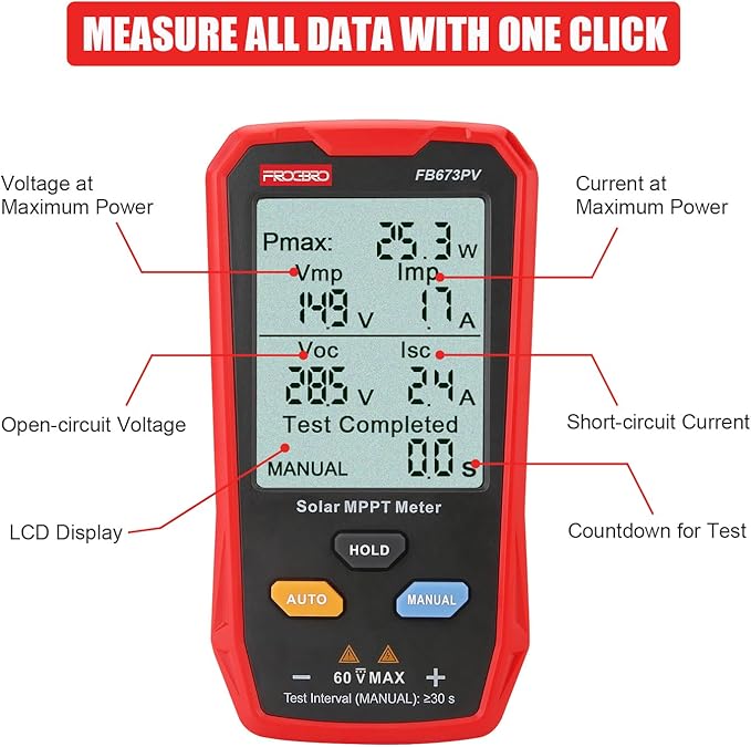 FrogBro Upgrade Solar Panel Tester Meter Photovoltaic Multimeter 800W Solar MPPT Meter with Large Ultra Clear LCD Smart MPPT Open Circuit Voltage Troubleshooting Utility Tool for Solar PV Testing