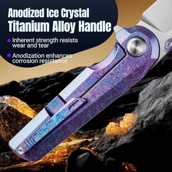 ioko Pocket Folding Knife with Titanium Alloy Handle S35VN Steel Blade Ice Crystal Anodized Finish 2.9 Inch Blade EDC Camping Hiking Outdoor (blue-purple)