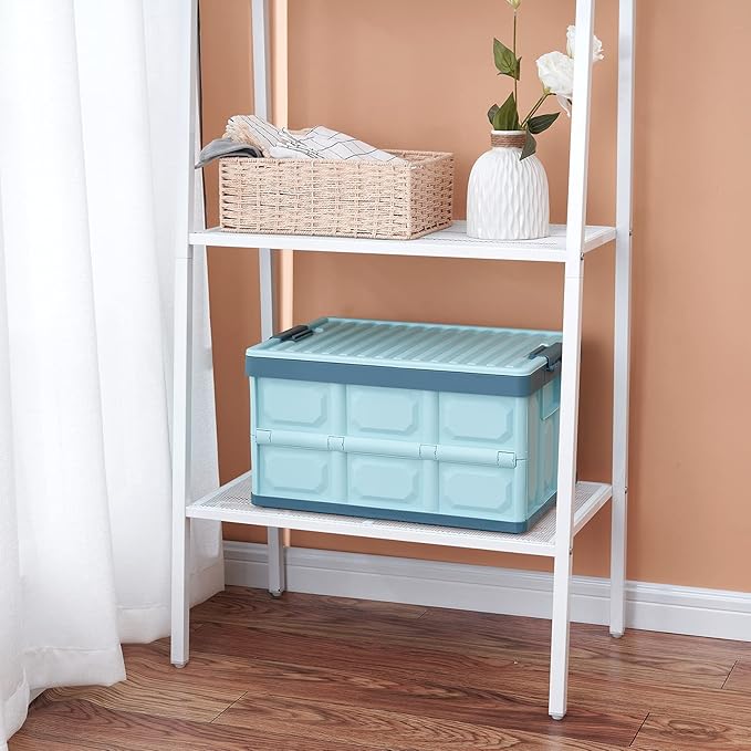Blue Folding Plastic Stackable Utility Crates 2-Pack Collapsible Storage Bins with Lids 30L Durable Containers for Home &amp Garage Organization