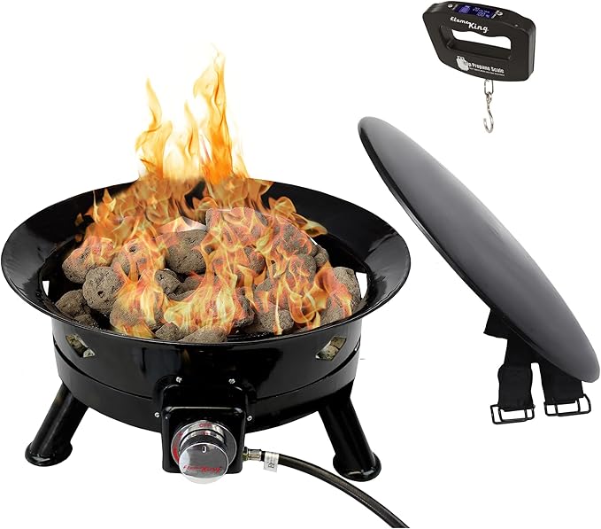Flame King Smokeless Portable Propane Fire Pit Bowl 24 inches 58K BTU with Propane Grip Scale Self Igniter Cover &amp Carry Straps for RV Camping &amp Outdoor Living