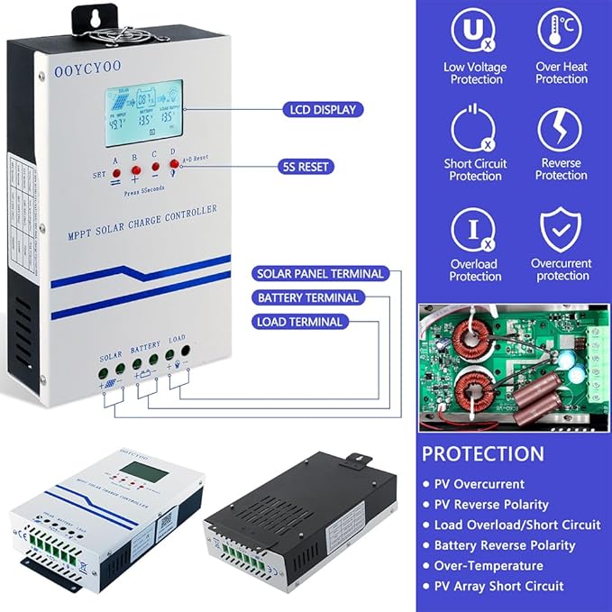 IPO 60A MPPT Solar Charge Controller 12V/24V/36V/48V Auto Identification Max 160V PV Input Intelligent Regulator with LCD Display Compatible with AGM Gel Flooded Lead-Acid and Lithium Batteries