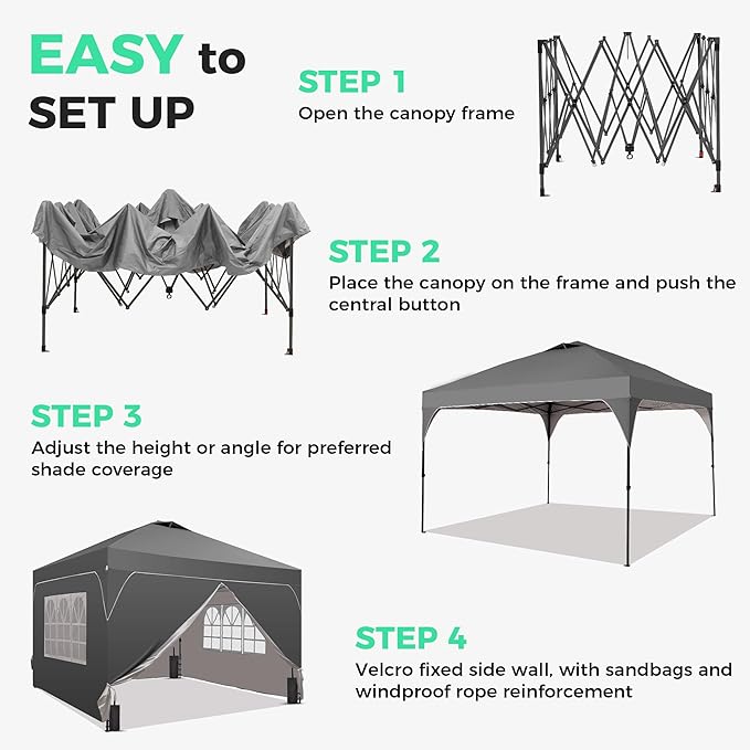 GDY 8x8FT Pop Up Canopy Tent with One Push Setup Easy to Install with 4-Sidewalls for Events Parties Camping Outdoor Gazebo with 4-Sandbags Grey.