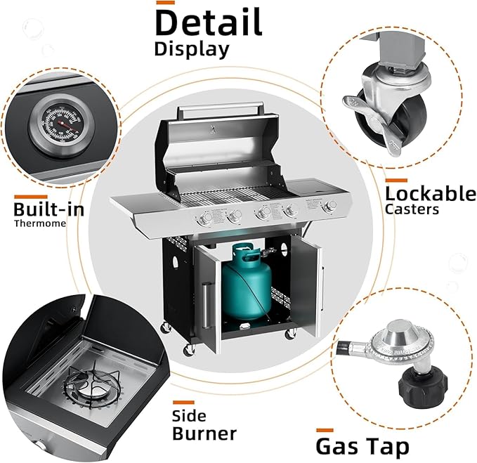SKOK Led 4-Burner Gas BBQ Grill with Side Burner Led Knob Barbecue Grill with Porcelain-Enameled Cast Iron Grates 60000 BTU Stainless Steel Propane Grill 629 Sq. In. Grilling Area