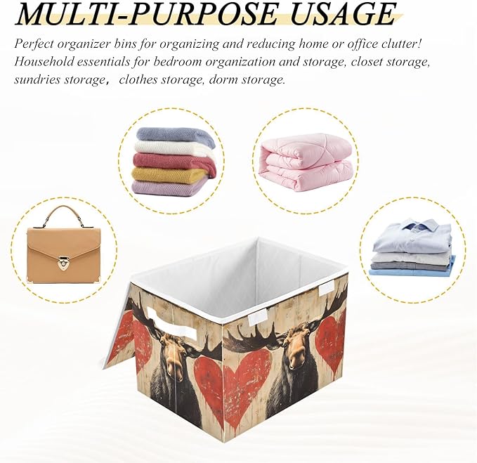 AIXIWAWA Lidded Storage Cube (Moose Valentine) Fabric Foldable Closet Bins with Flip Lid and Handles Organizer Basket Container 16.5 x 12.6 x 11.8 IN
