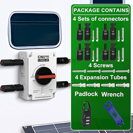 Solar Disconnect Switch 2 Strings 32A DC1500V 2in 2out Rapid Shutoff Isolator Switch with Plug &amp Play Connector and IP66 Outdoor Waterproof for Rooftop Solar Systems RVs and Boats