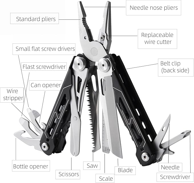 Portable Multitool Pliers Mini Scissors with Clip Knife Folding Stainless Steel Lightweight Tools for Travel Camping Hiking (black 1pcs)