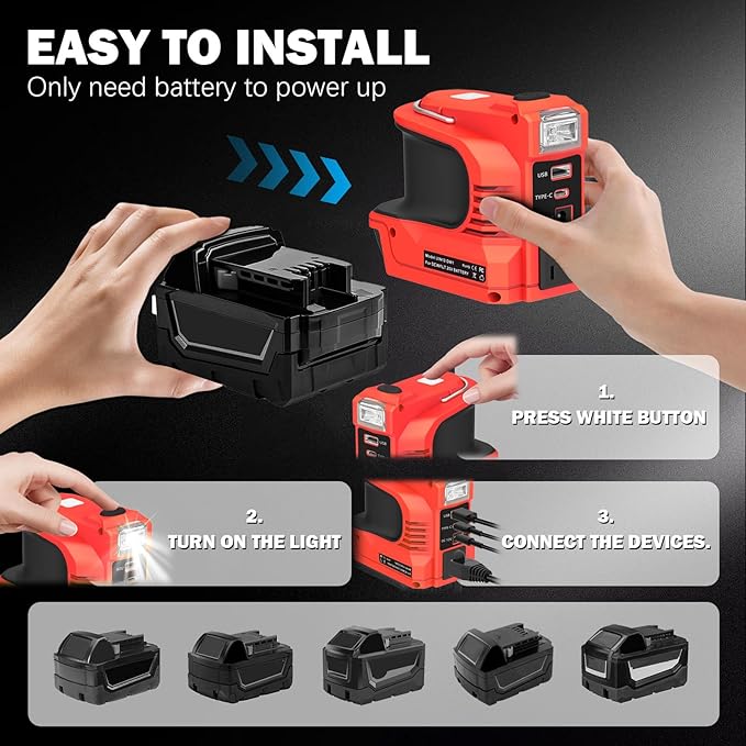 220W Power Inverter for Milwaukee 18V DC 20V to AC 110-120V Inverter 18V Battery Powered Portable Power Source Supply Charger Adapter with USB&ampType-C&ampAC Outlet&ampLED Light(No Battery)