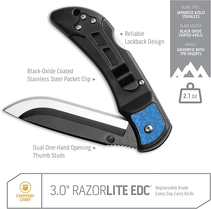 OUTDOOR EDGE 3.0 RazorLite EDC Knife (Blue) - Replaceable Blade Knife with Pocket Clip Lightweight Everyday Carry Utility Knife for Hunting Camping &amp Survival – Includes 4 Stainless Steel Drop-