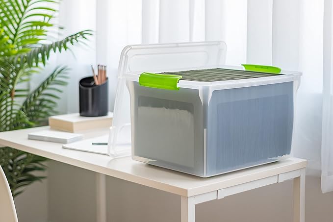 IRIS USA File Box File Organizer Plastic File Box for Letter/Legal File BPA-Free Plastic Storage Bin Tote Organizer w/Secure Latching Lid and Easy-Slide Pad Clear 35 Qt. 4Pack