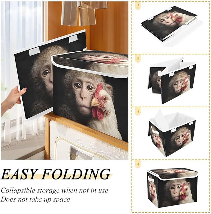 Monkey Rooster Print Storage Basket Bins with Lid Foldable Flip-top with Handle for Home Office 16.5×12.6×11.8 in 1 Pack