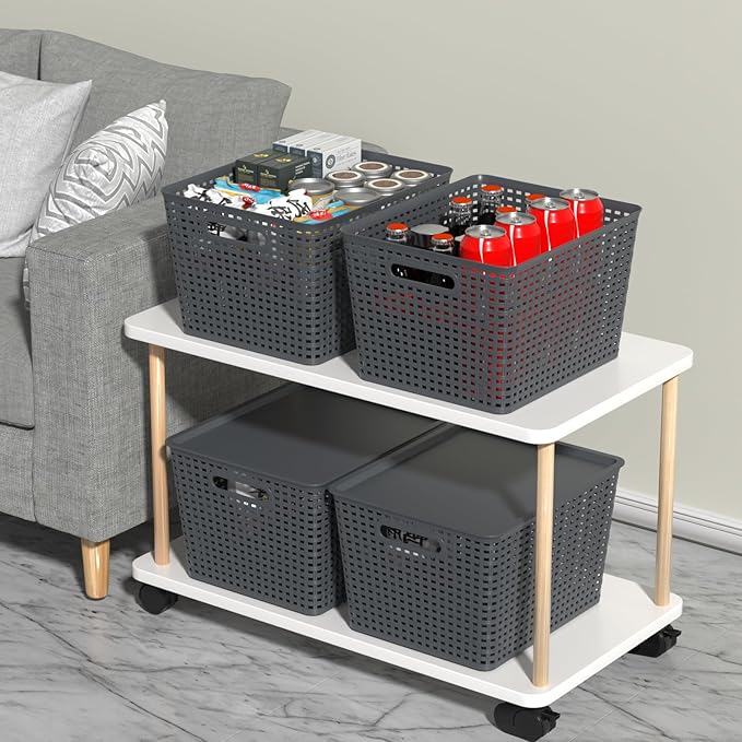 6-Pack Large Plastic Storage Basket Bins with Lid Stackable Storage Baskets with Lids 14.05 x 11.65 x 8.66 Gray