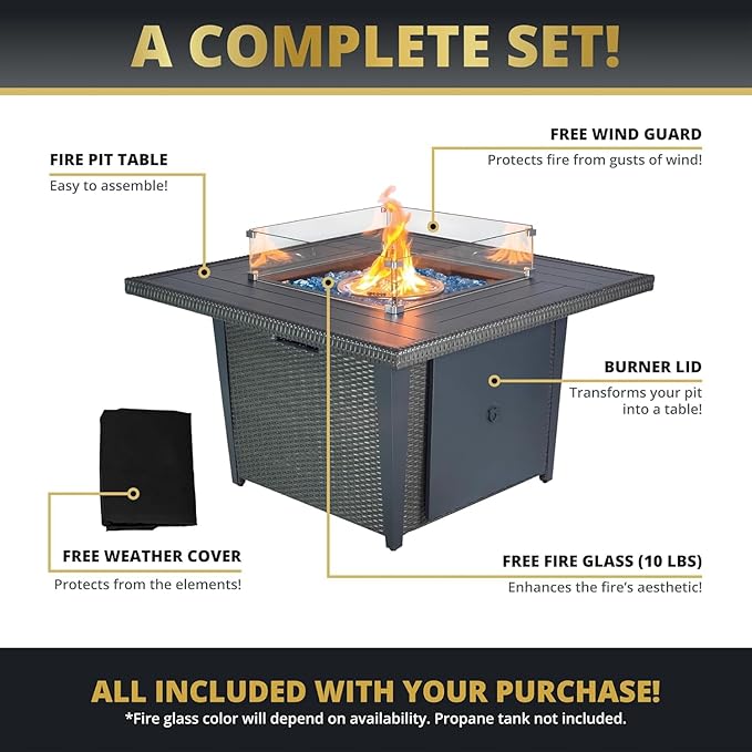 42 Inch Propane Gas Fire Pit Table 50000 BTU Square Aluminum Outdoor Fireplace with CSA Certification Lid Glass Wind Guard &amp Waterproof Cover Gray Rattan 2-in-1 Fire Table for Patio Garden