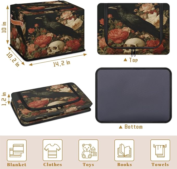 Halloween Raven Storage Bins with Lids Skull Floral Collapsible Cube Storage Basket with Leather Handle Foldable Storage Box with Lids for Organizing Home Closet