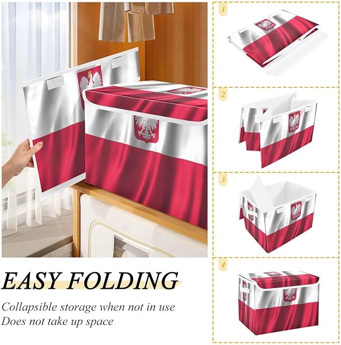 Poland State Ensign Flag Polish Storage Bins with Lid Foldable Book Storage Quart Storage Bins with Lids for School