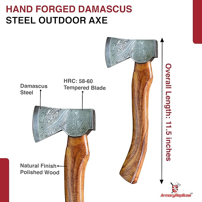 Armory Replicas™ Hand-Forged Damascus Steel Axe with Sheesham Wood Handle &amp Leather Sheath – 11.5 Compact Camping Axe